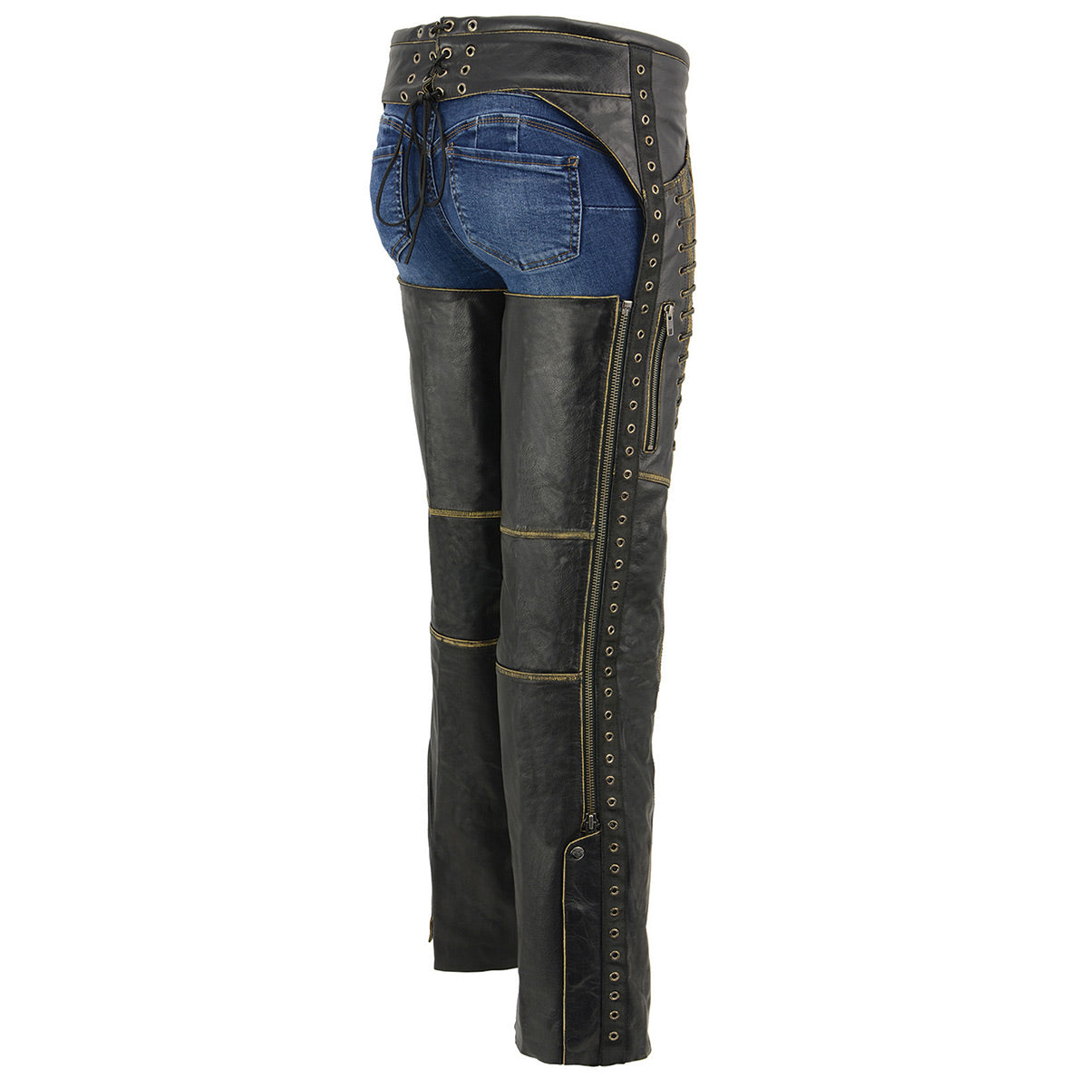 Chaps for Women Black Premium Skin Rubbed Seams- Accented Lace Detailing Motorcycle Chap- MLL6527