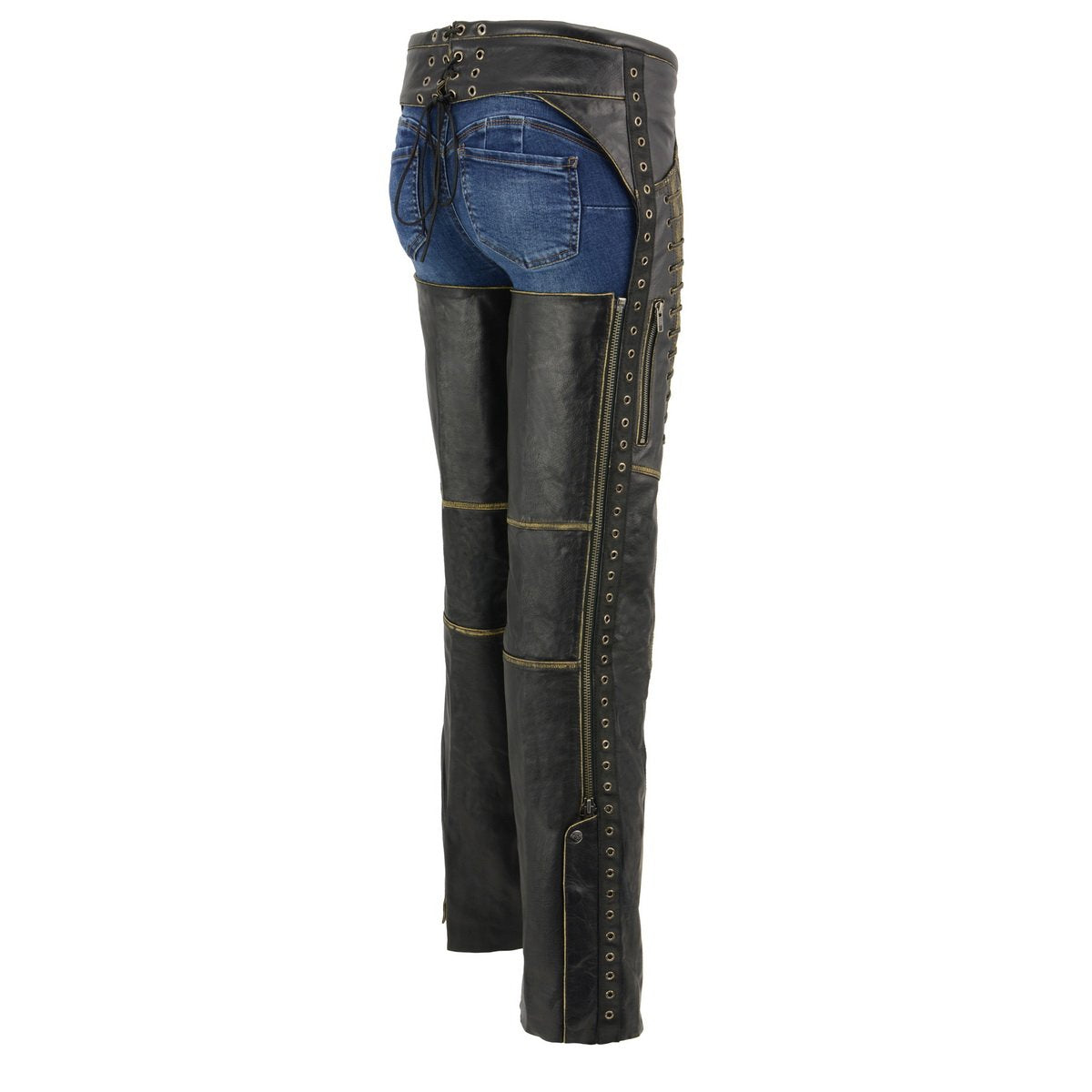Chaps for Women Black Premium Skin Rubbed Seams- Accented Lace Detailing Motorcycle Chap- MLL6527