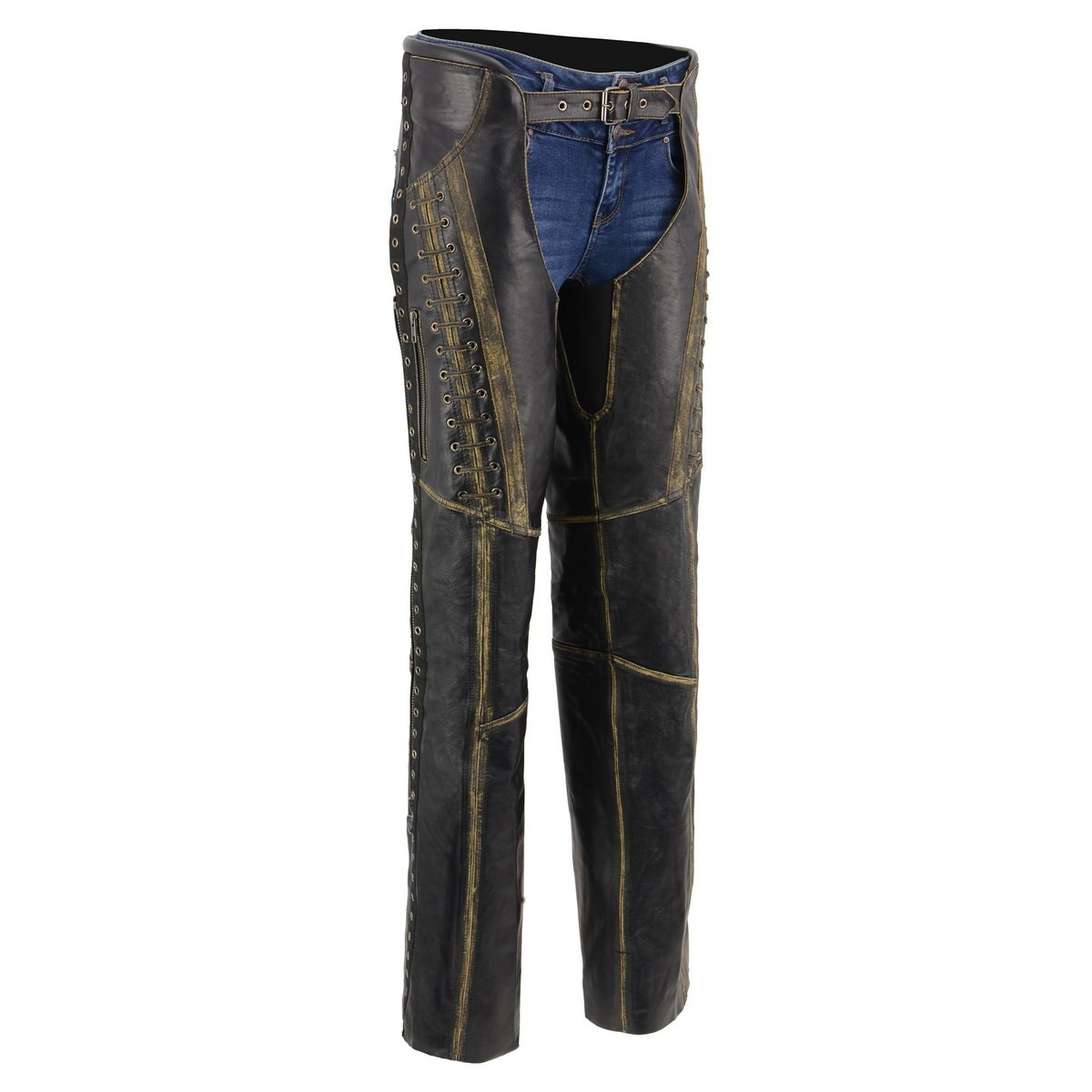 Chaps for Women Black Premium Skin Rubbed Seams- Accented Lace Detailing Motorcycle Chap- MLL6527