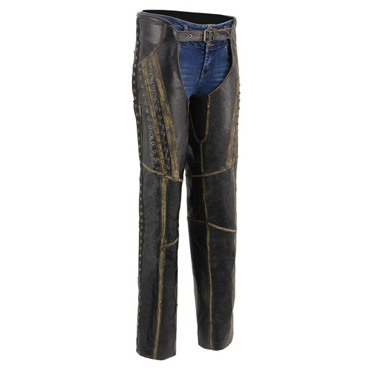 Chaps for Women Black Premium Skin Rubbed Seams- Accented Lace Detailing Motorcycle Chap- MLL6527