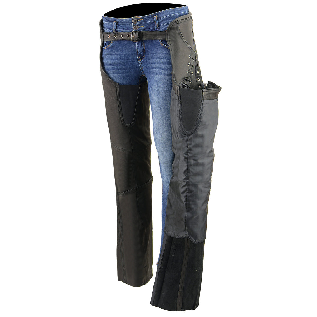 Women's Black Lightweight Premium Goat Skin Leather Motorcycle Chaps w/ Accent Lacing -MLL6535