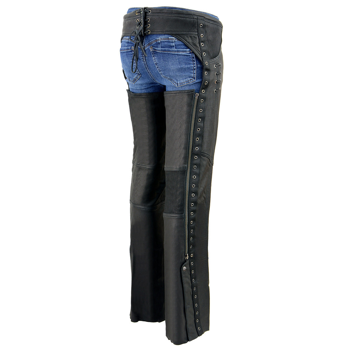 Women's Black Lightweight Premium Goat Skin Leather Motorcycle Chaps w/ Accent Lacing -MLL6535