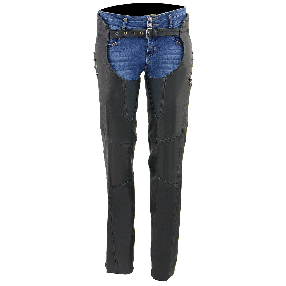 Women's Black Lightweight Premium Goat Skin Leather Motorcycle Chaps w/ Accent Lacing -MLL6535