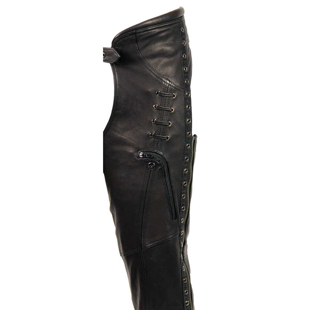 Women's Black Lightweight Premium Goat Skin Leather Motorcycle Chaps w/ Accent Lacing -MLL6535