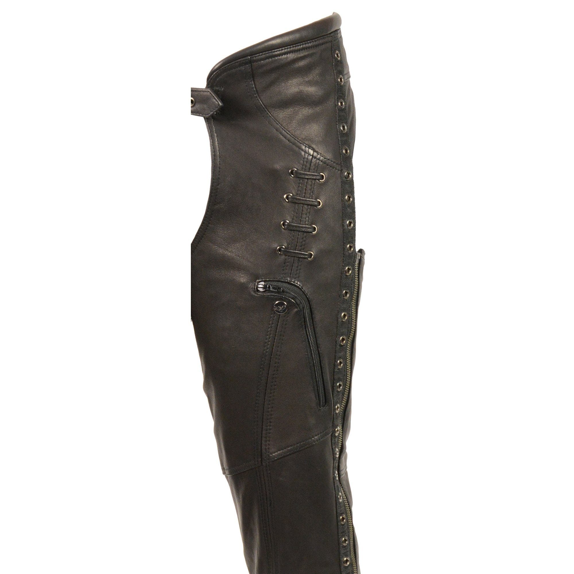 Women's Black Lightweight Premium Goat Skin Leather Motorcycle Chaps w/ Accent Lacing -MLL6535