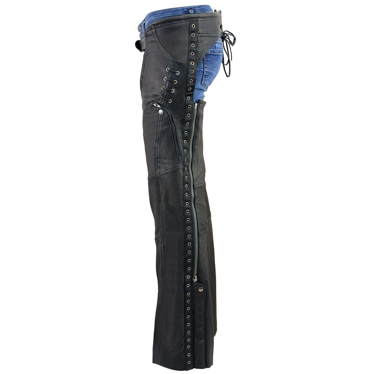 Women's Black Lightweight Premium Goat Skin Leather Motorcycle Chaps w/ Accent Lacing -MLL6535