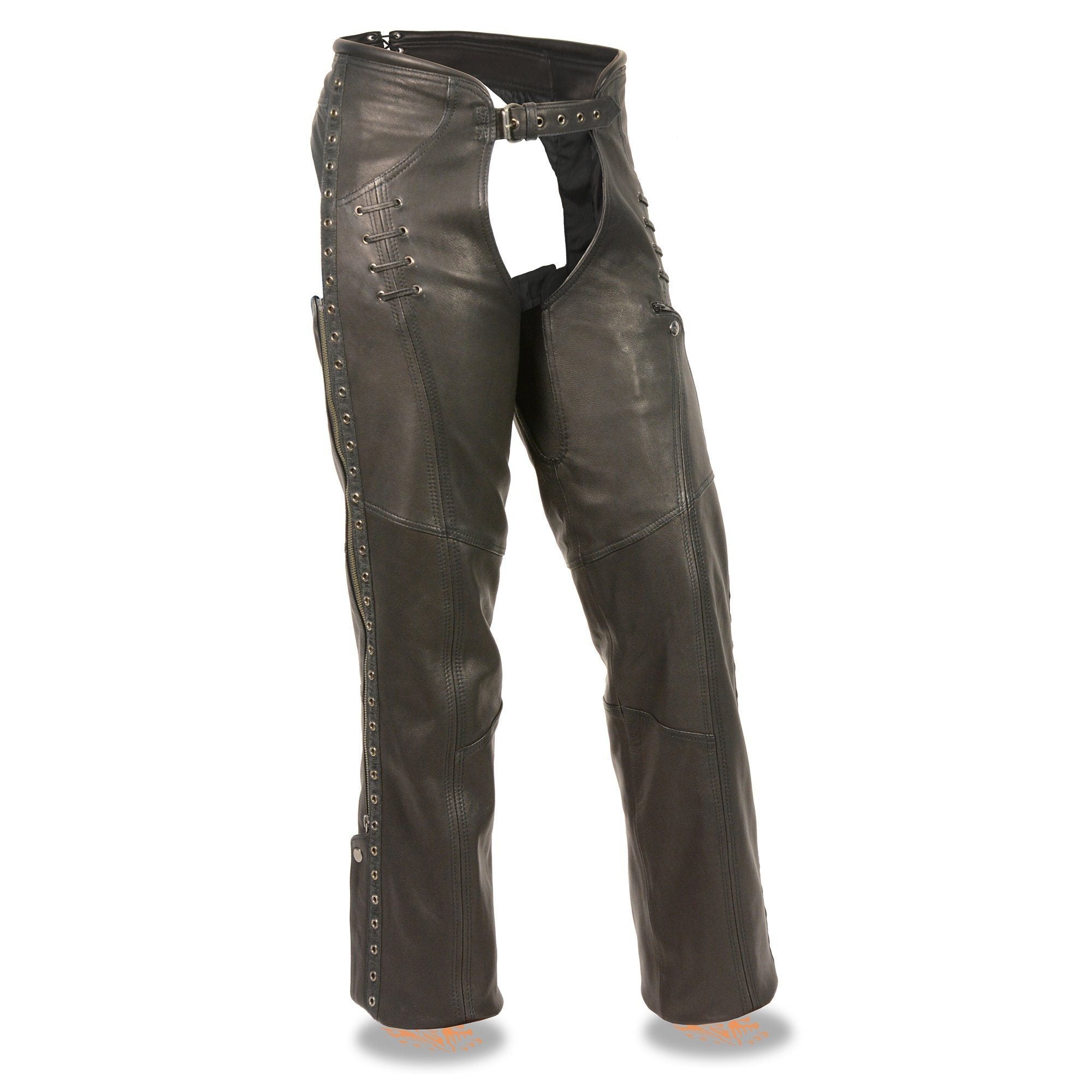 Women's Black Lightweight Premium Goat Skin Leather Motorcycle Chaps w/ Accent Lacing -MLL6535