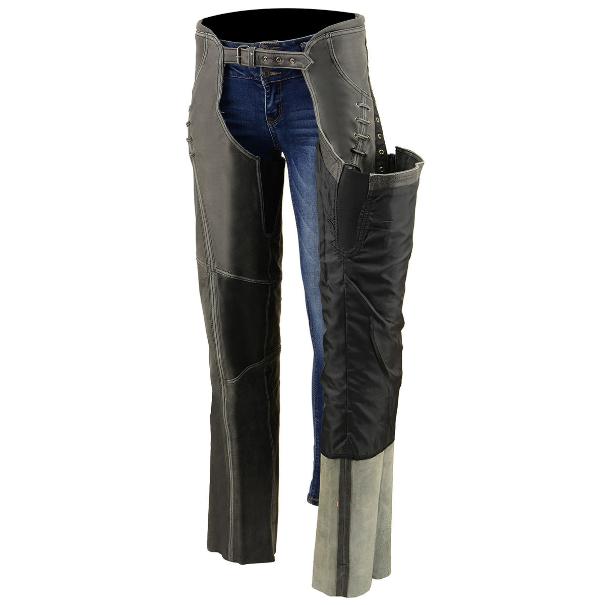 Women Distress Grey Premium Leather Motorcycle Chaps w/ Accent Lace Details MLL6536