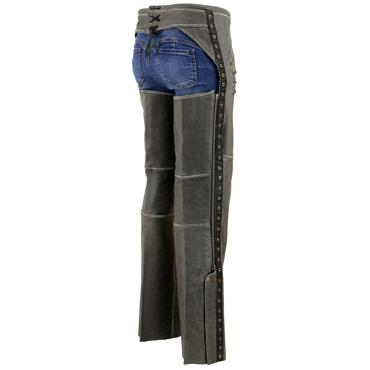 Women Distress Grey Premium Leather Motorcycle Chaps w/ Accent Lace Details MLL6536