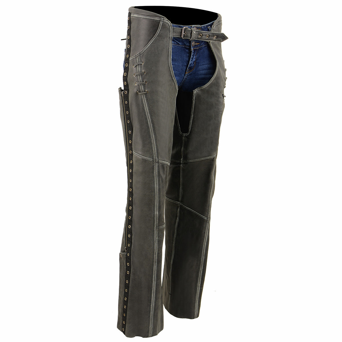 Women Distress Grey Premium Leather Motorcycle Chaps w/ Accent Lace Details MLL6536