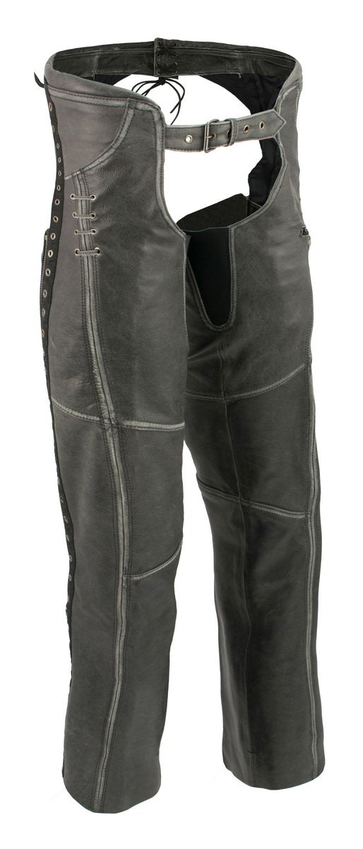 Women Distress Grey Premium Leather Motorcycle Chaps w/ Accent Lace Details MLL6536