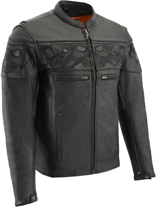 MLM1500 Men's Crossover Black Leather Scooter Jacket with Reflective Skulls