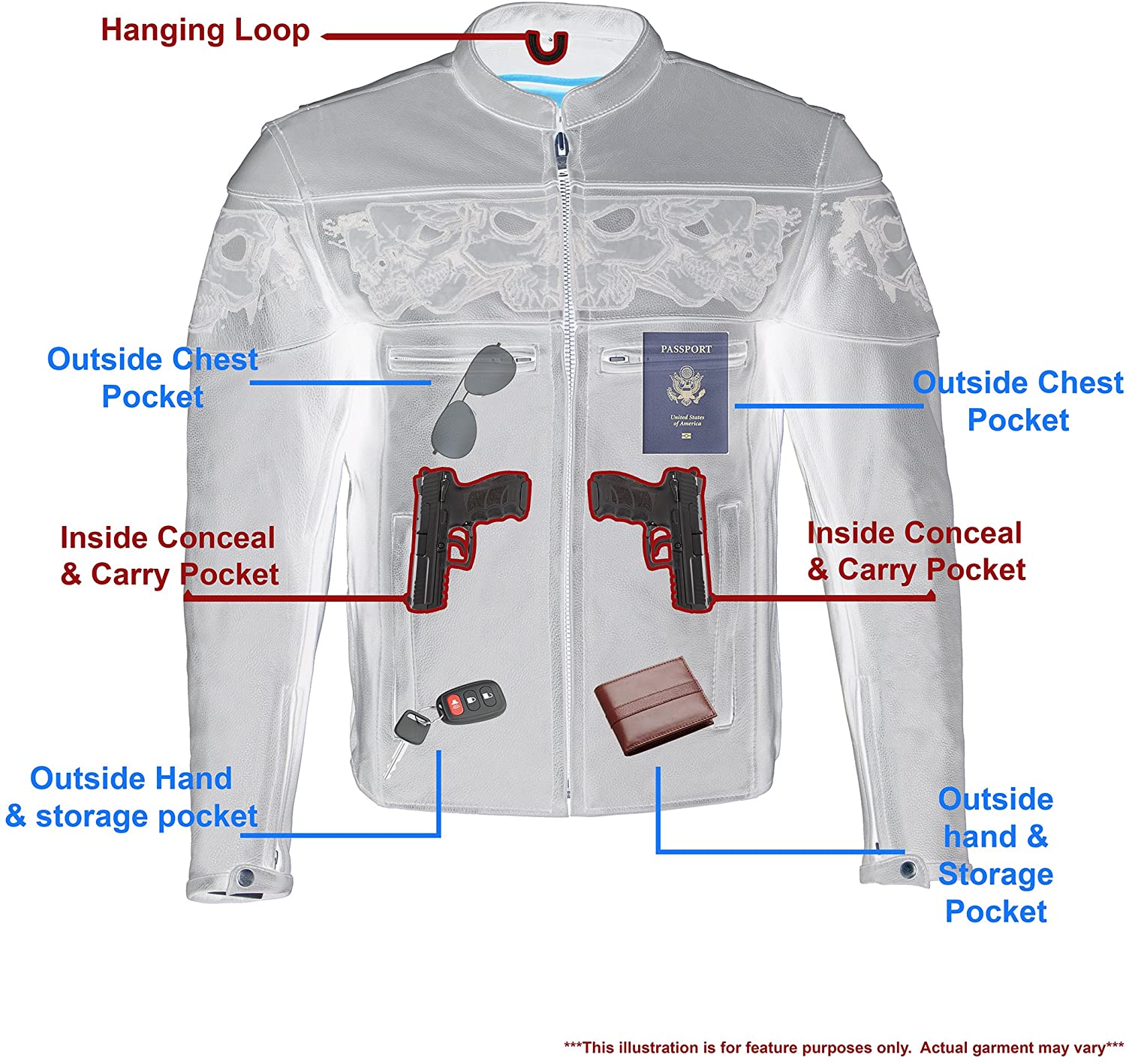 MLM1500 Men's Crossover Black Leather Scooter Jacket with Reflective Skulls