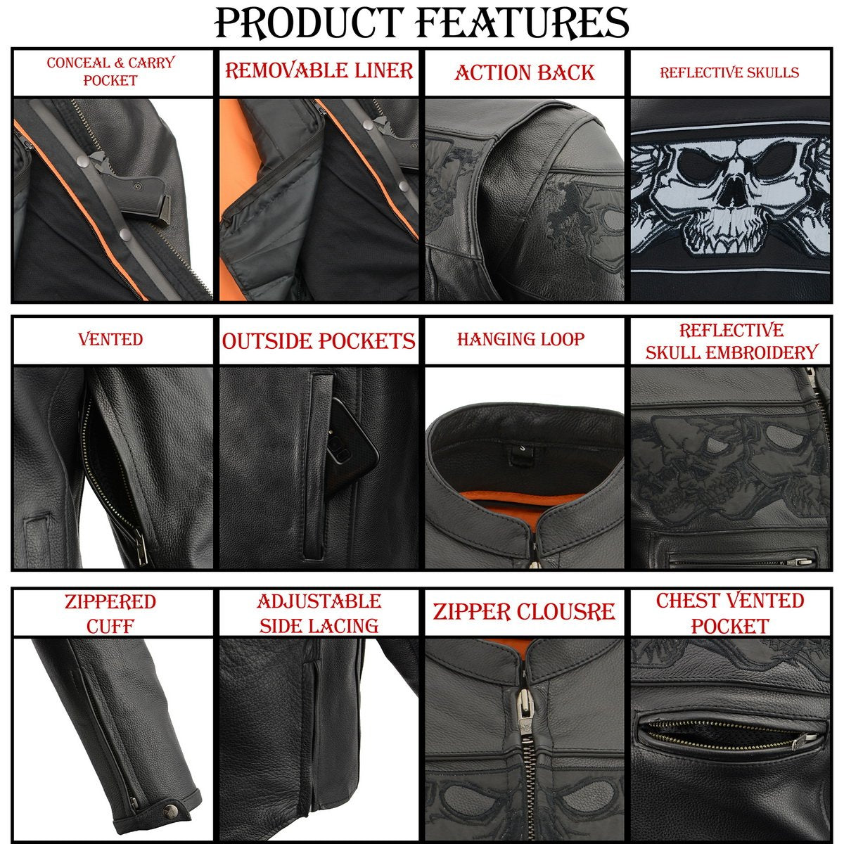 MLM1501 Men's Reflective Skulls Premium Black Leather Motorcycle Jacket w/ Cool-Tec Treatement