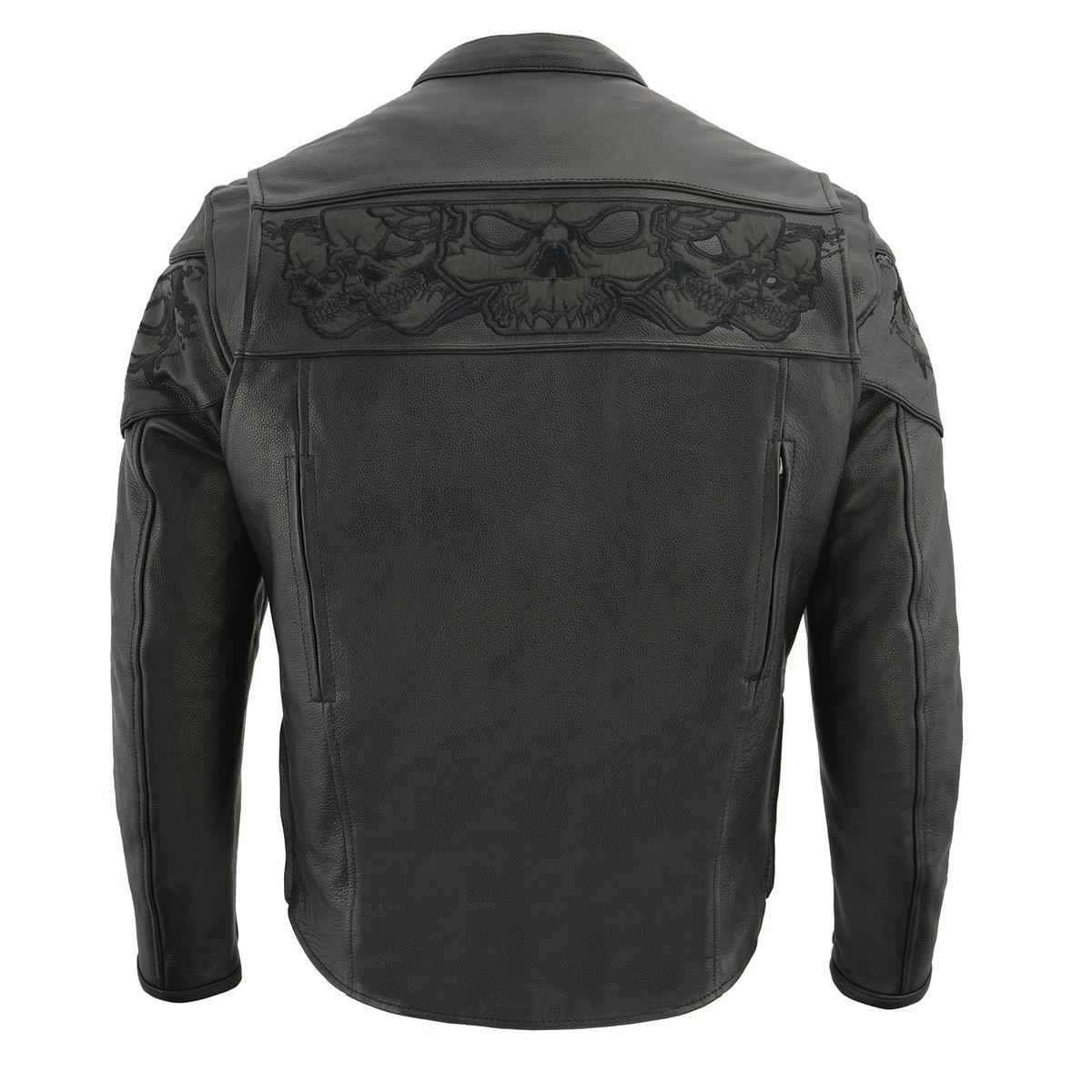 MLM1501 Men's Reflective Skulls Premium Black Leather Motorcycle Jacket w/ Cool-Tec Treatement