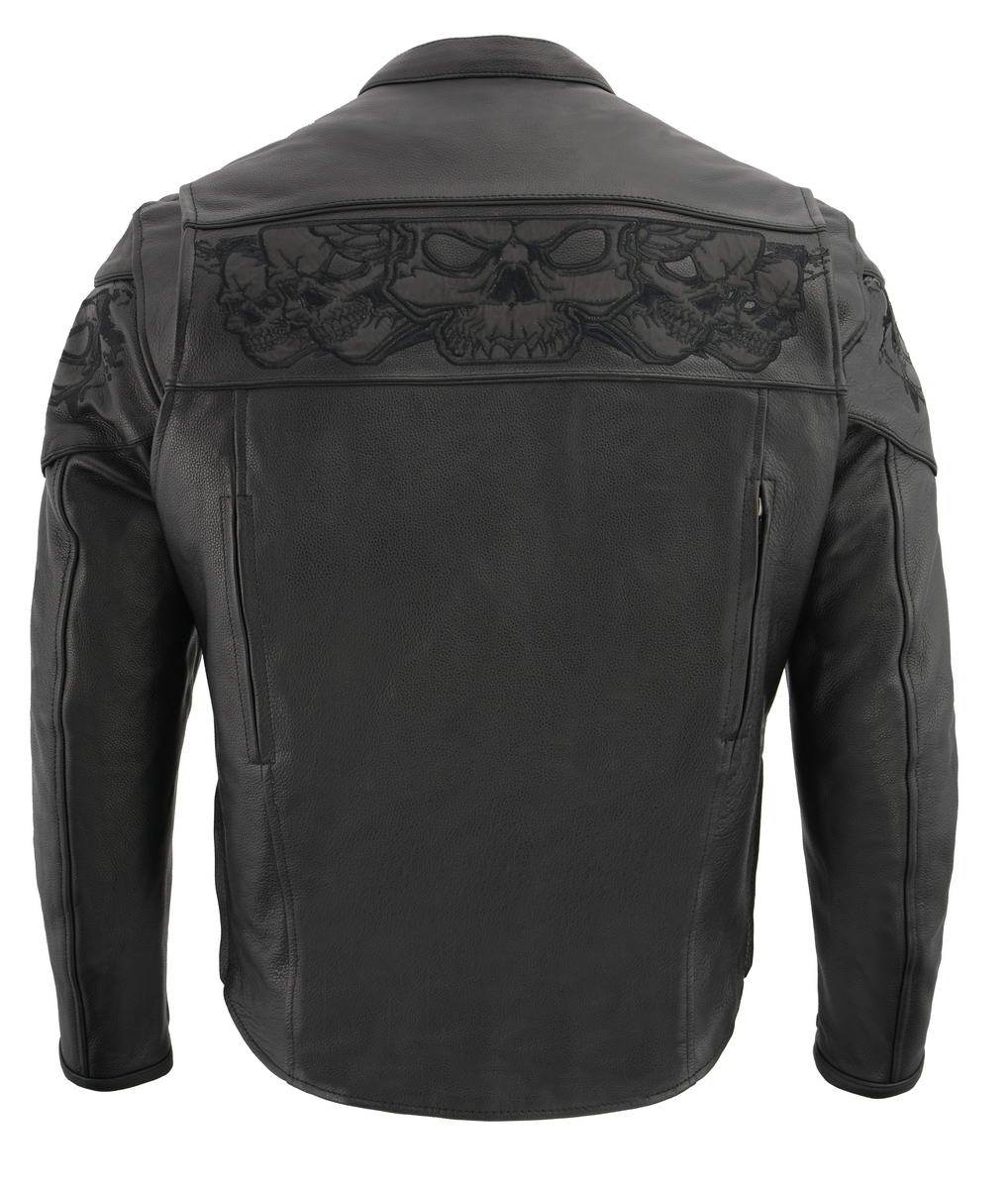 MLM1501 Men's Reflective Skulls Premium Black Leather Motorcycle Jacket w/ Cool-Tec Treatement