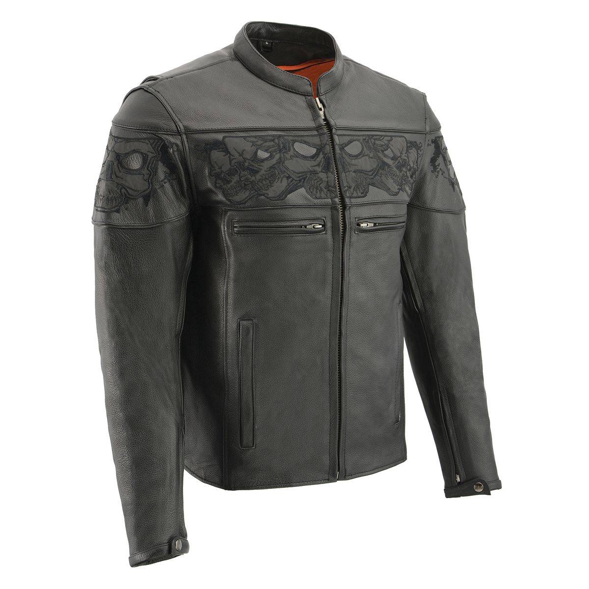 MLM1501 Men's Reflective Skulls Premium Black Leather Motorcycle Jacket w/ Cool-Tec Treatement