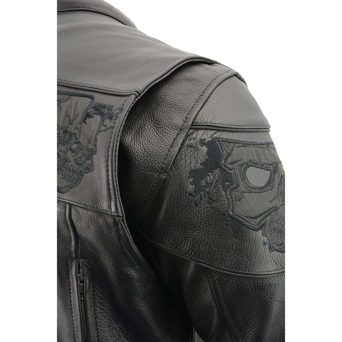 MLM1501 Men's Reflective Skulls Premium Black Leather Motorcycle Jacket w/ Cool-Tec Treatement