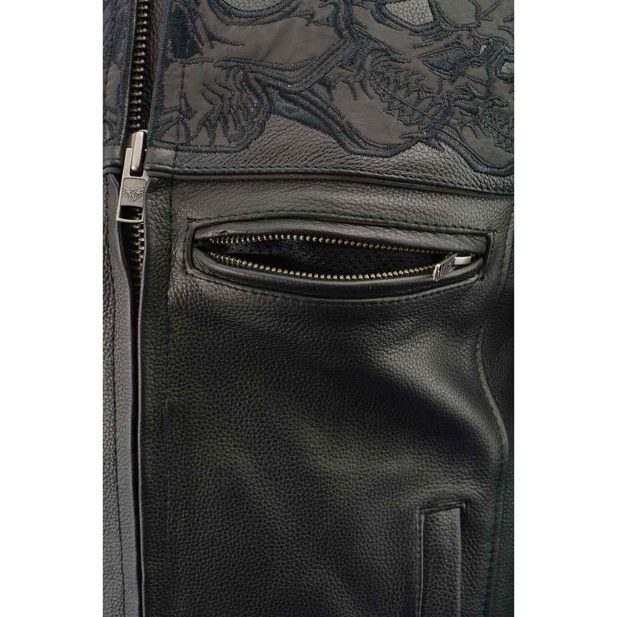 MLM1501 Men's Reflective Skulls Premium Black Leather Motorcycle Jacket w/ Cool-Tec Treatement