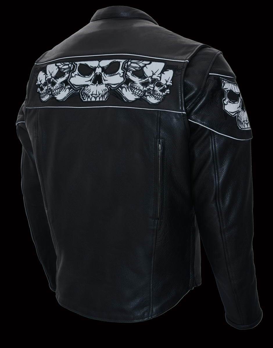 MLM1501 Men's Reflective Skulls Premium Black Leather Motorcycle Jacket w/ Cool-Tec Treatement