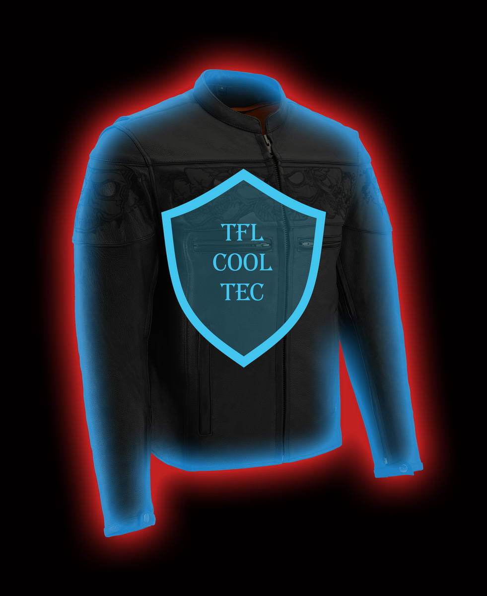 MLM1501 Men's Reflective Skulls Premium Black Leather Motorcycle Jacket w/ Cool-Tec Treatement