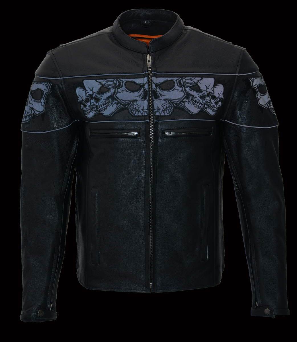 MLM1501 Men's Reflective Skulls Premium Black Leather Motorcycle Jacket w/ Cool-Tec Treatement