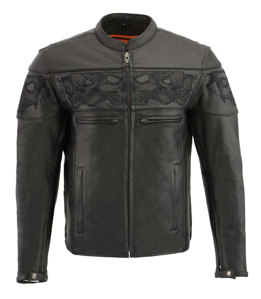 MLM1501 Men's Reflective Skulls Premium Black Leather Motorcycle Jacket w/ Cool-Tec Treatement
