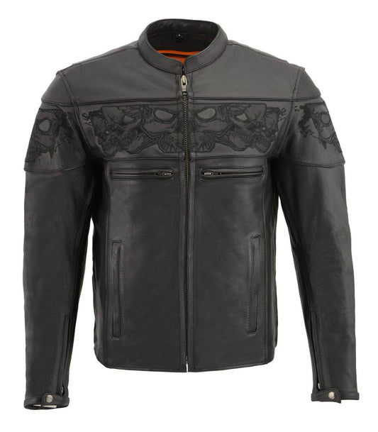 MLM1501 Men's Reflective Skulls Premium Black Leather Motorcycle Jacket w/ Cool-Tec Treatement