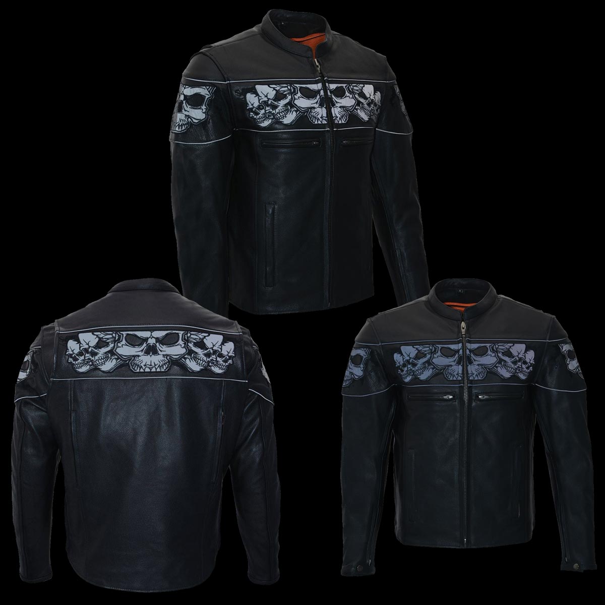 MLM1501 Men's Reflective Skulls Premium Black Leather Motorcycle Jacket w/ Cool-Tec Treatement
