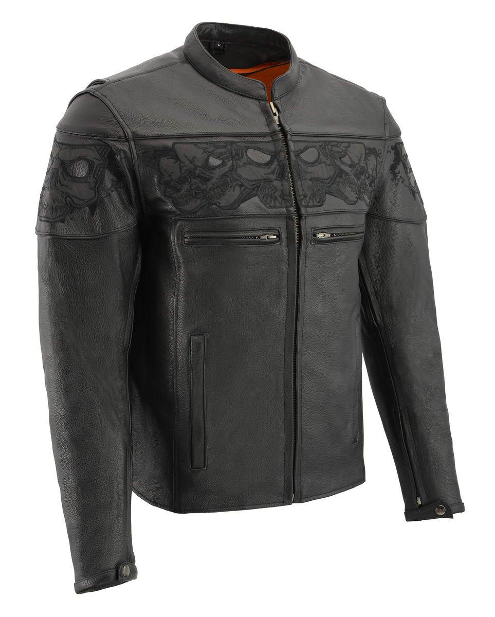 MLM1501 Men's Reflective Skulls Premium Black Leather Motorcycle Jacket w/ Cool-Tec Treatement