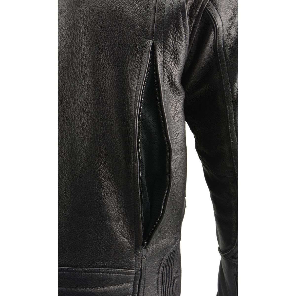 MLM1502 Men's Black Premium Leather Vented Motorcycle Biker Jacket w/ Cool-Tec Leather Treatment Tech