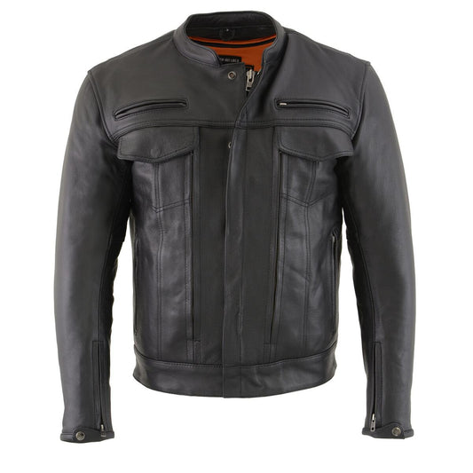 MLM1506 Men's Black Premium Leather Motorcycle Jacket w/ Utility Pockets Cool-Tec Leather Treatement