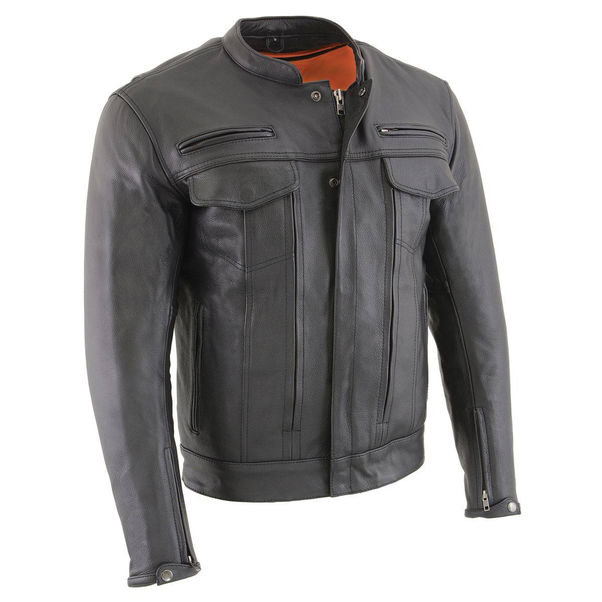 MLM1506 Men's Black Premium Leather Motorcycle Jacket w/ Utility Pockets Cool-Tec Leather Treatement