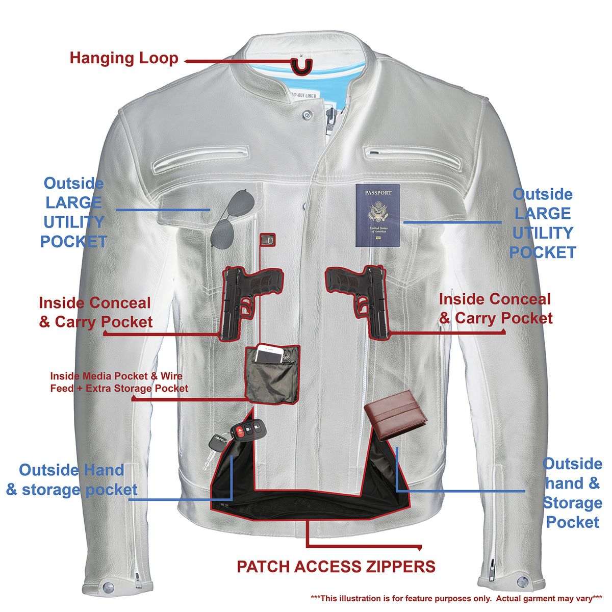 MLM1506 Men's Black Premium Leather Motorcycle Jacket w/ Utility Pockets Cool-Tec Leather Treatement