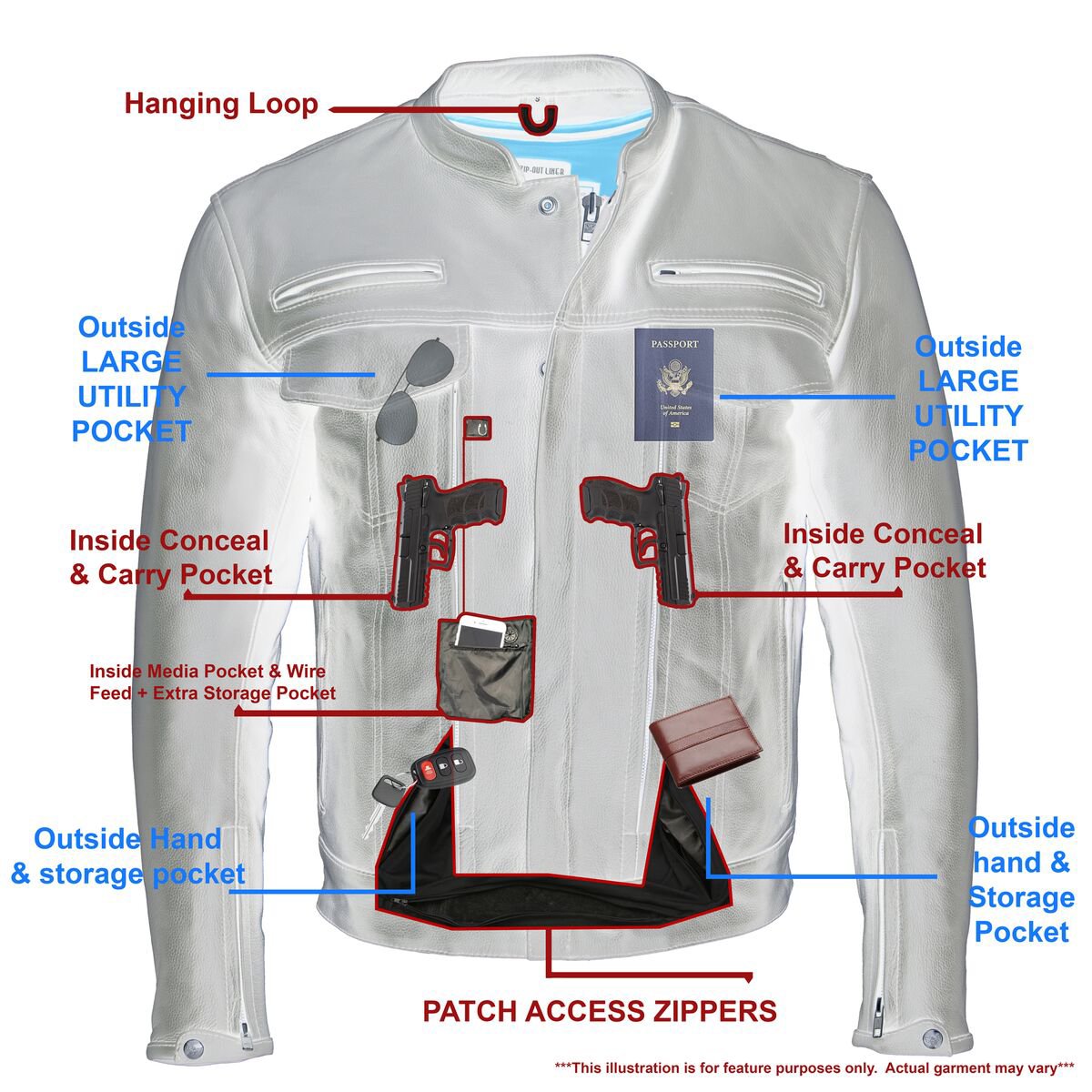 MLM1506 Men's Black Premium Leather Motorcycle Jacket w/ Utility Pockets Cool-Tec Leather Treatement