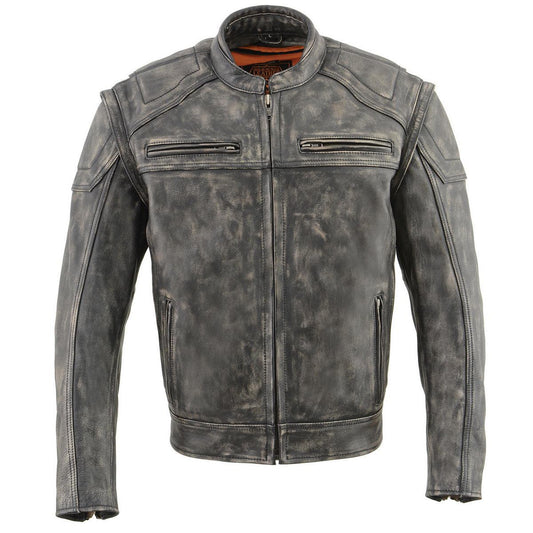 MLM1509 Men's Distressed Brown ‘2 in 1’ Leather Jacket with Zip-Off Sleeves