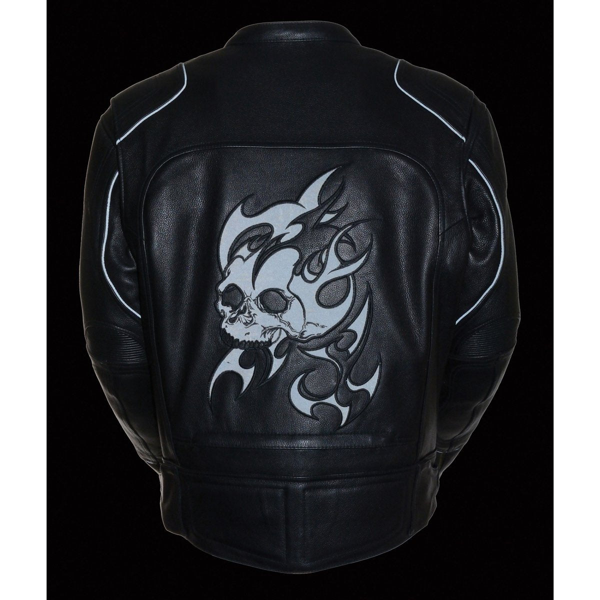 MLM1510 Men's Black Leather Scooter Jacket with Reflective Skull