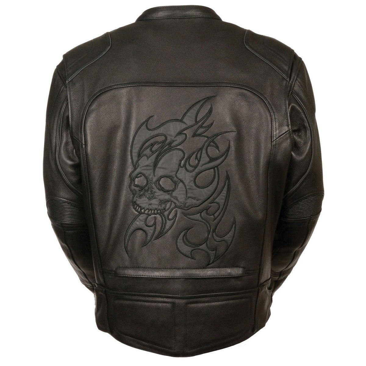 MLM1510 Men's Black Leather Scooter Jacket with Reflective Skull