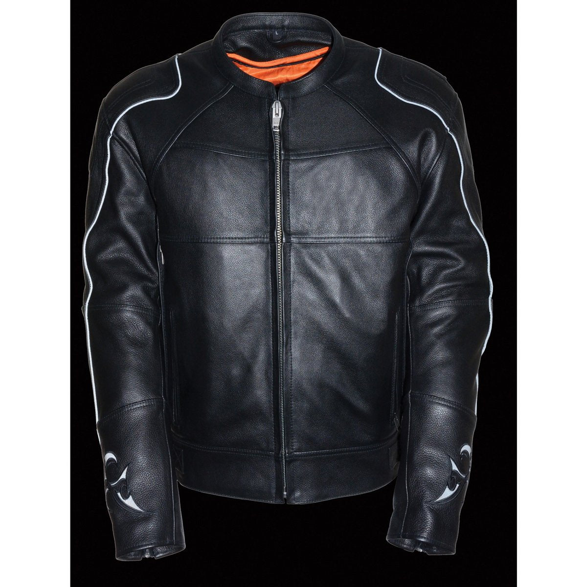 MLM1510 Men's Black Leather Scooter Jacket with Reflective Skull