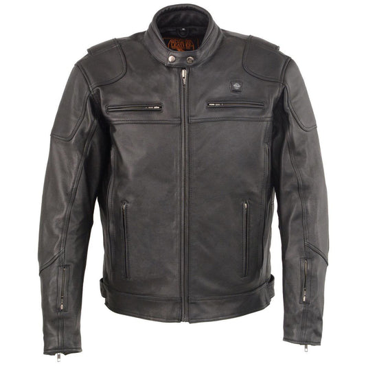 Heated Jacket for Men's Black Cowhide Leather - Motorcycle Vented Jacket for All Seasons MLM1513