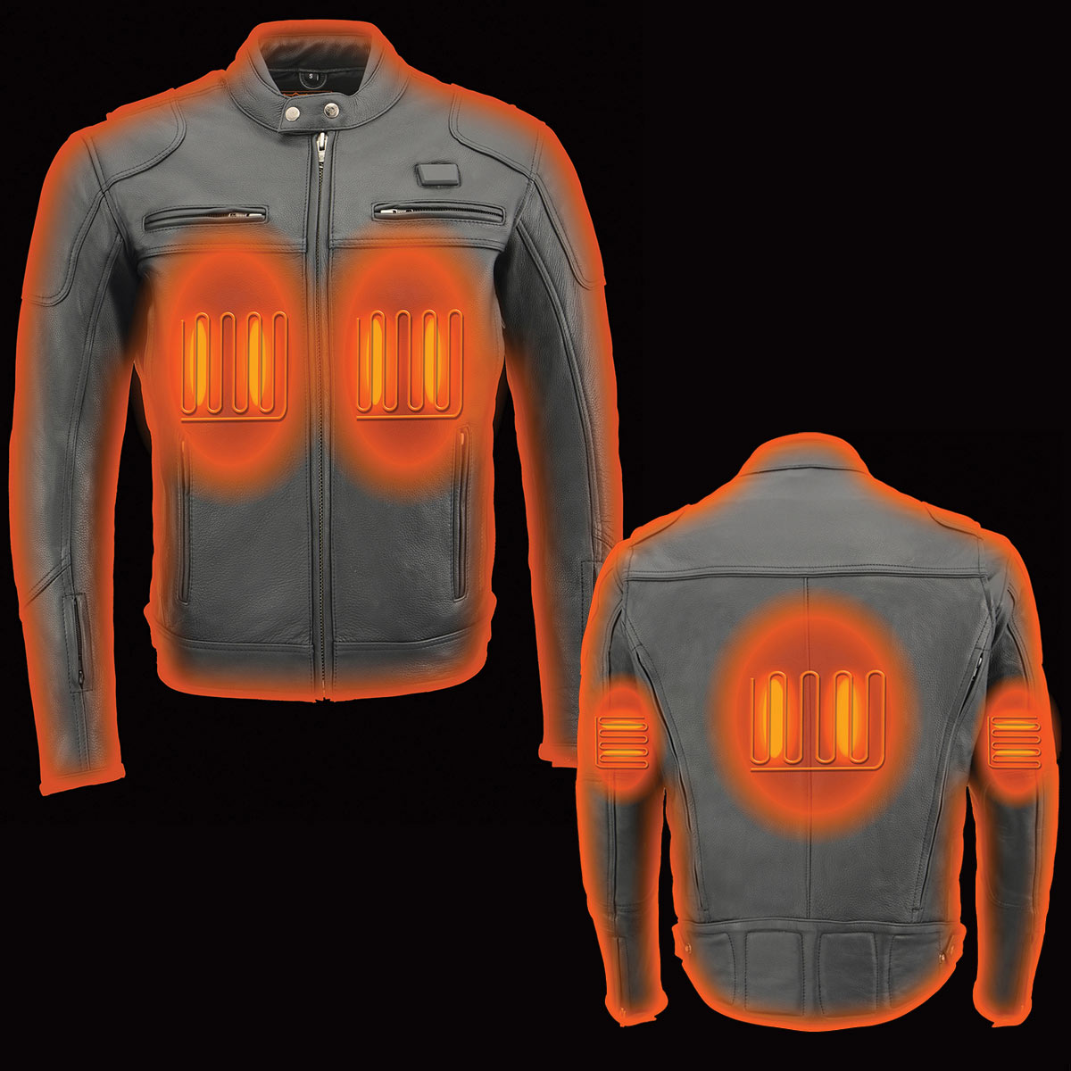 Heated Jacket for Men's Black Cowhide Leather Motorcycle Vented Jacket for All Seasons MLM1513SET