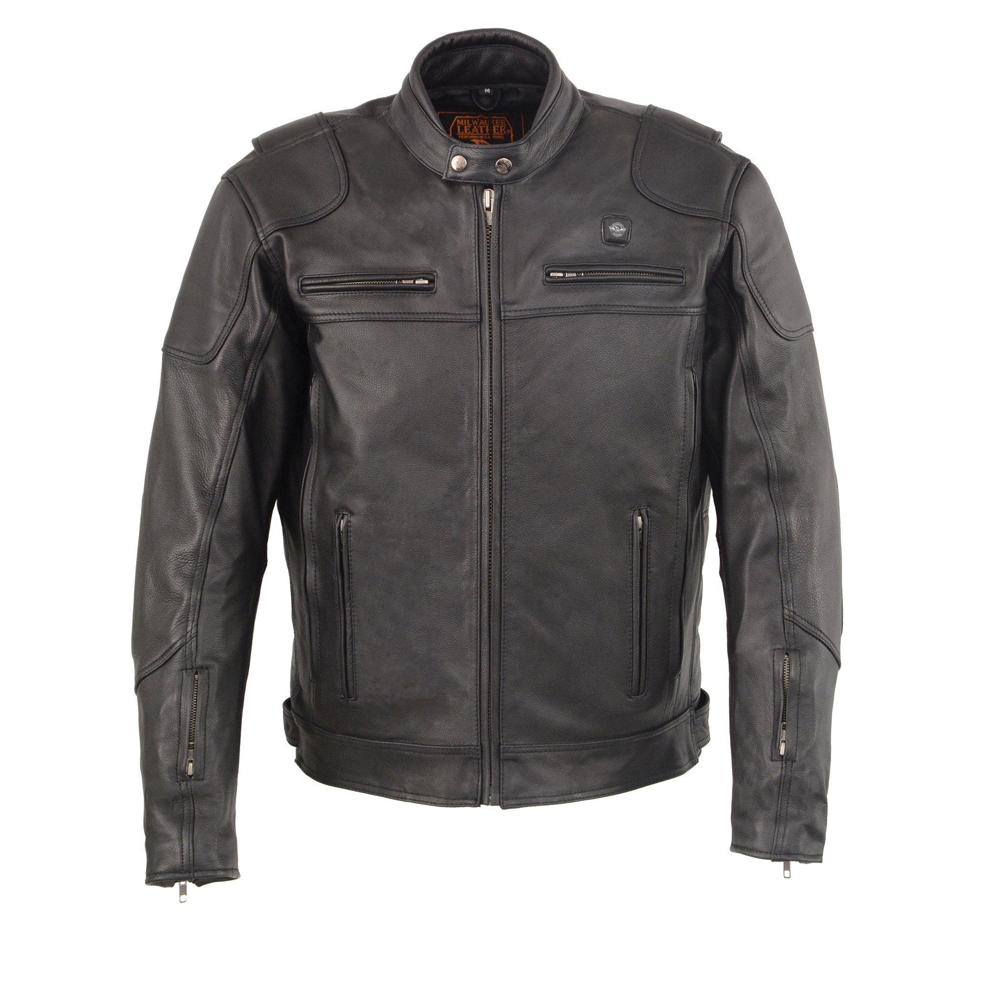 Heated Jacket for Men's Black Cowhide Leather Motorcycle Vented Jacket for All Seasons MLM1513SET