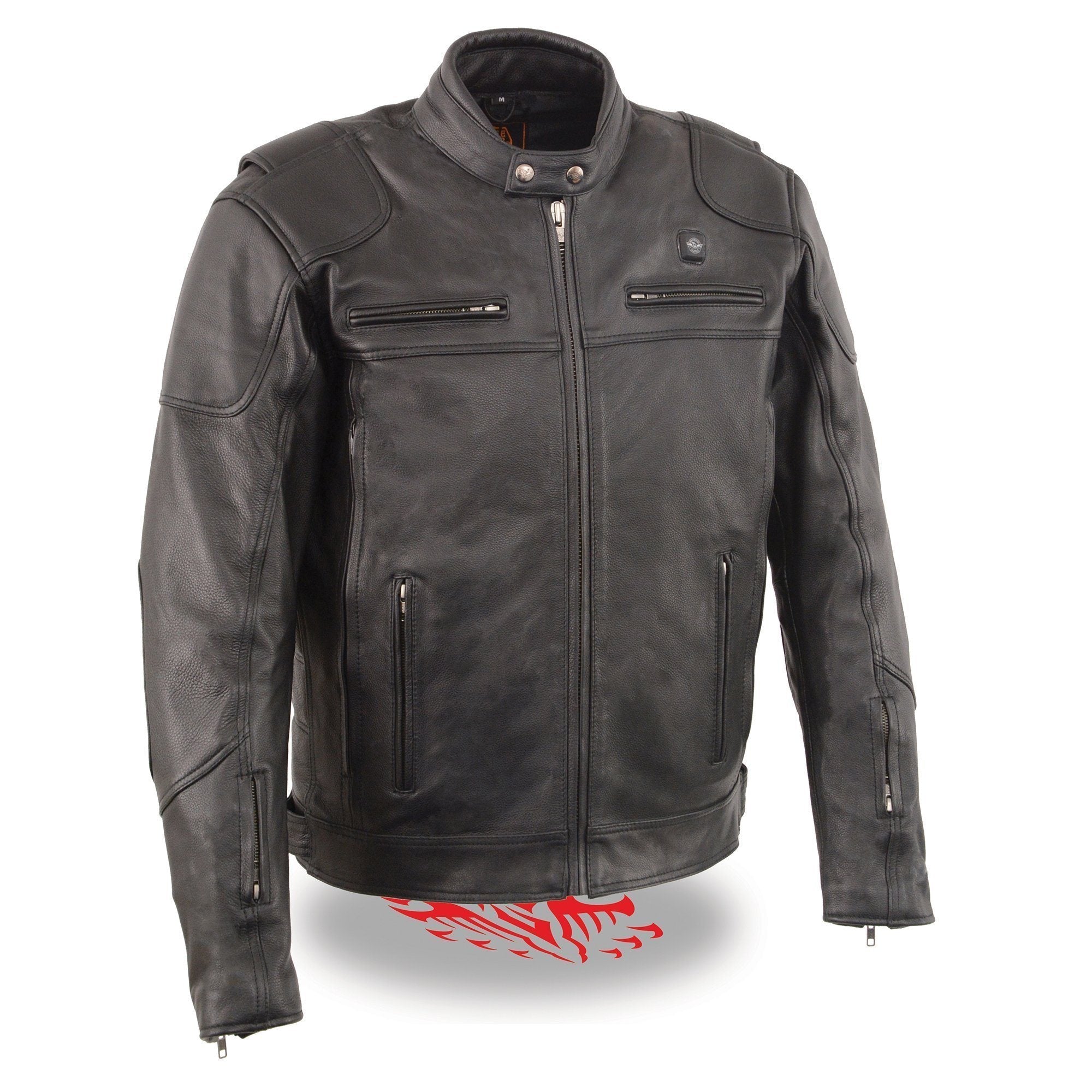 Heated Jacket for Men's Black Cowhide Leather Motorcycle Vented Jacket for All Seasons MLM1513SET