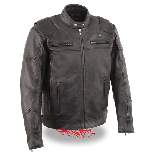 Heated Jacket for Men's Black Cowhide Leather Motorcycle Vented Jacket for All Seasons MLM1513SET
