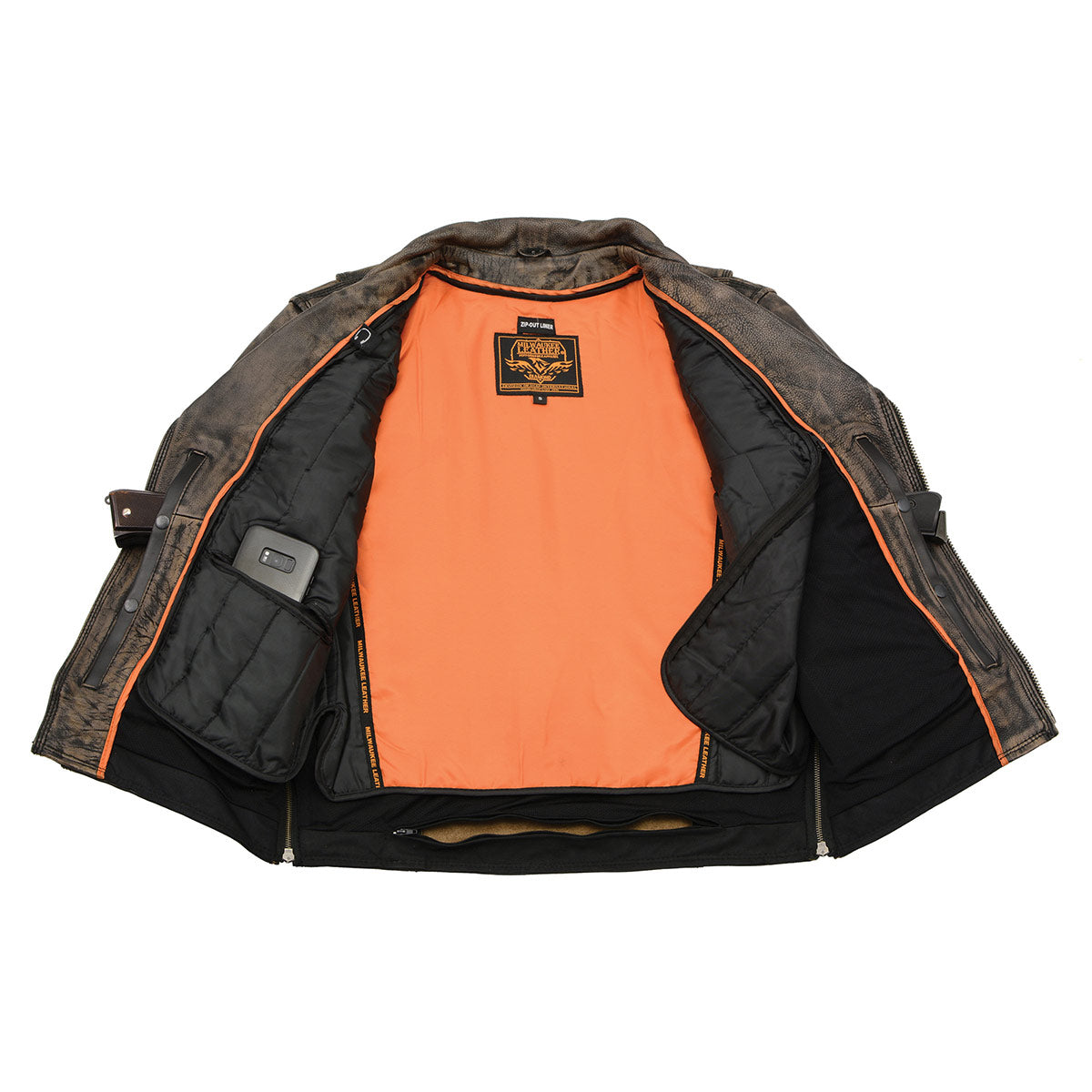 MLM1515 Men's Classic Beltless Distressed Brown Leather Triple Stitched Motorcycle Biker Jacket