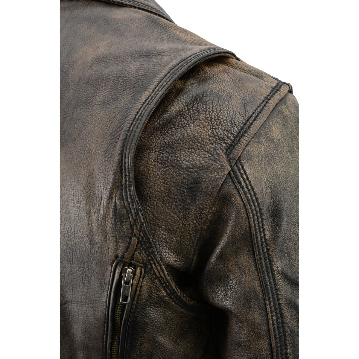MLM1515 Men's Classic Beltless Distressed Brown Leather Triple Stitched Motorcycle Biker Jacket