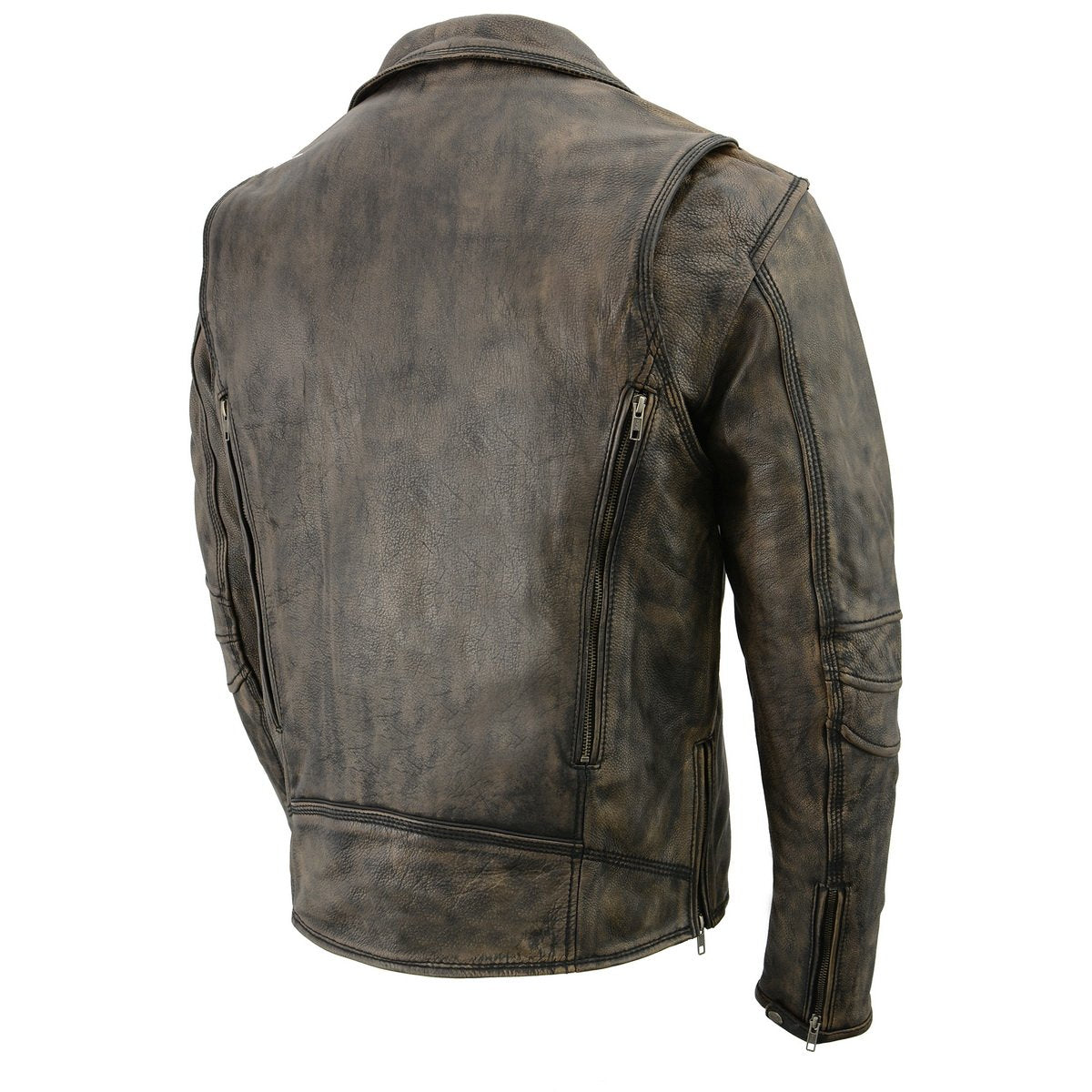 MLM1515 Men's Classic Beltless Distressed Brown Leather Triple Stitched Motorcycle Biker Jacket