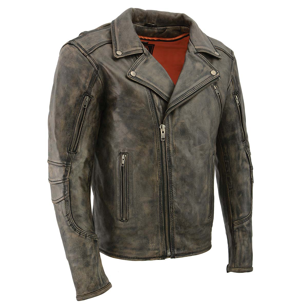 MLM1515 Men's Classic Beltless Distressed Brown Leather Triple Stitched Motorcycle Biker Jacket