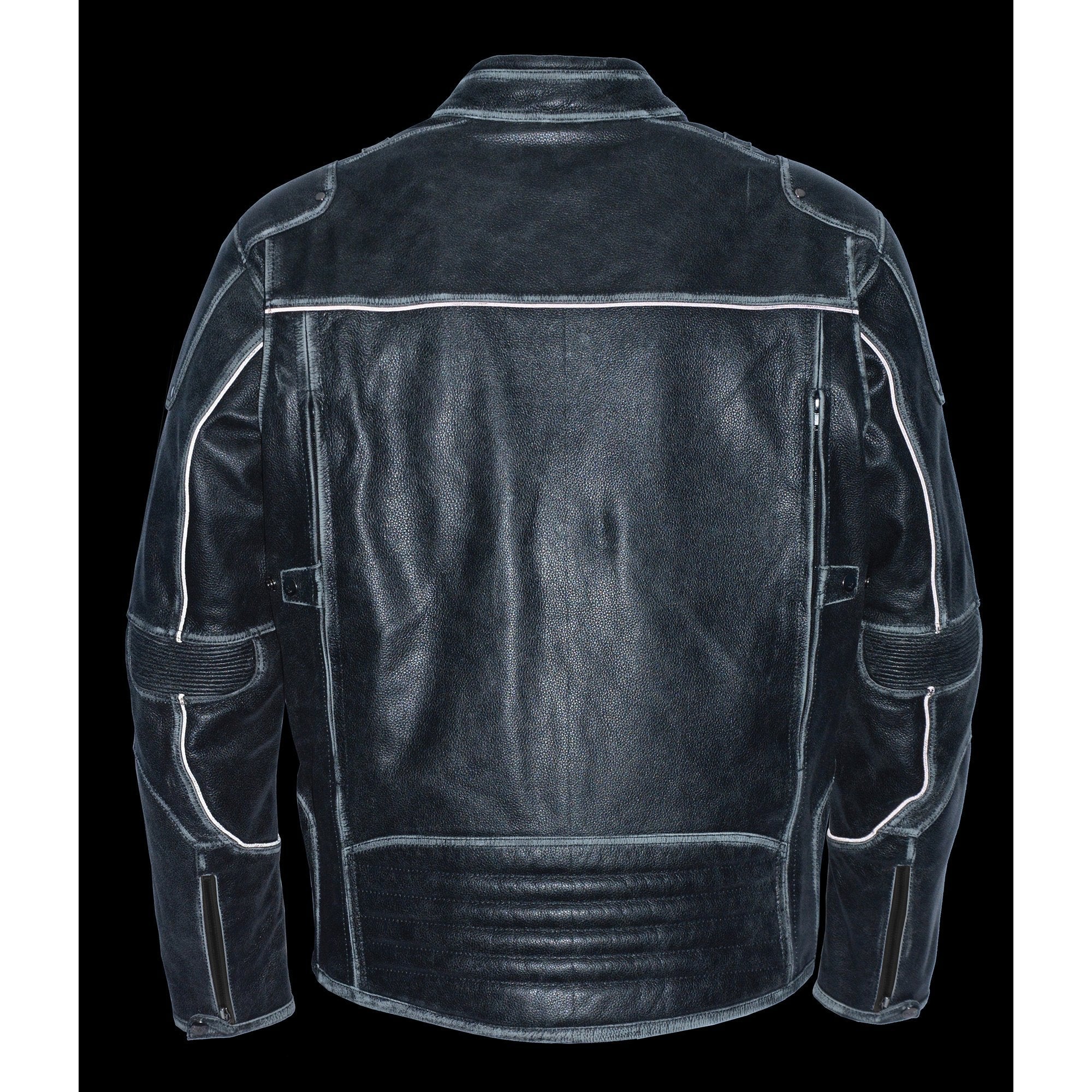 MLM1536 Mens Vintage Distressed Grey Leather Scooter Style Motorcycle Jacket - Reflective Piping