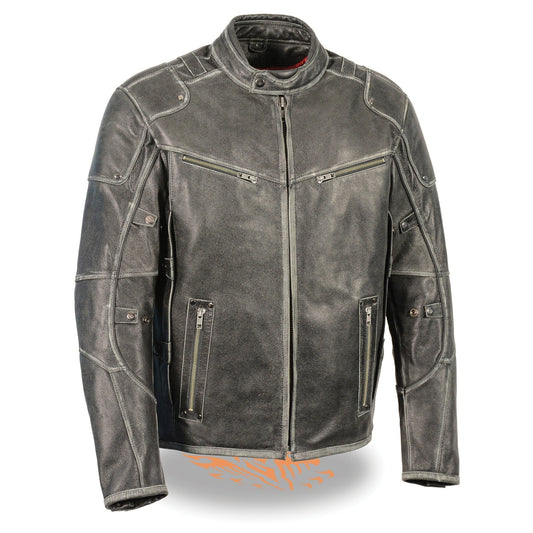 MLM1536 Mens Vintage Distressed Grey Leather Scooter Style Motorcycle Jacket - Reflective Piping